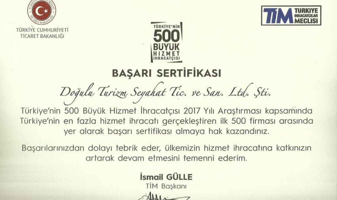 Türkiye’nin 500 Büyük Hizmet İhracatçısı Başarı Sertifikası